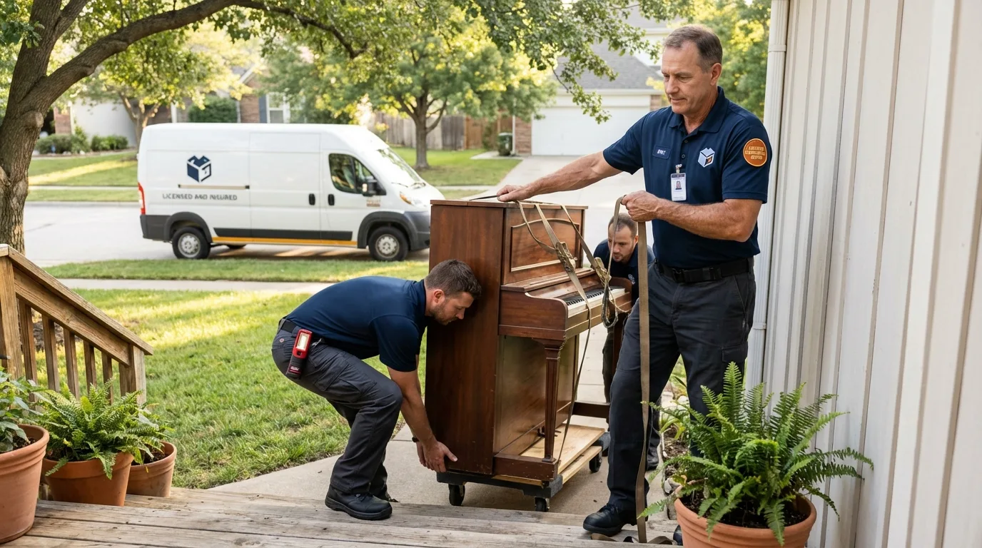 Licensed piano movers securing grand piano in Zanesville, OH