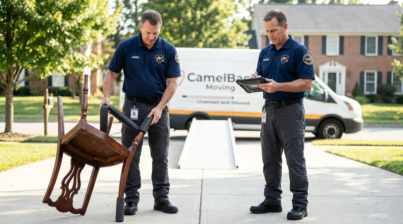 Movers inspecting furniture for damage prevention before loading in Zanesville, OH