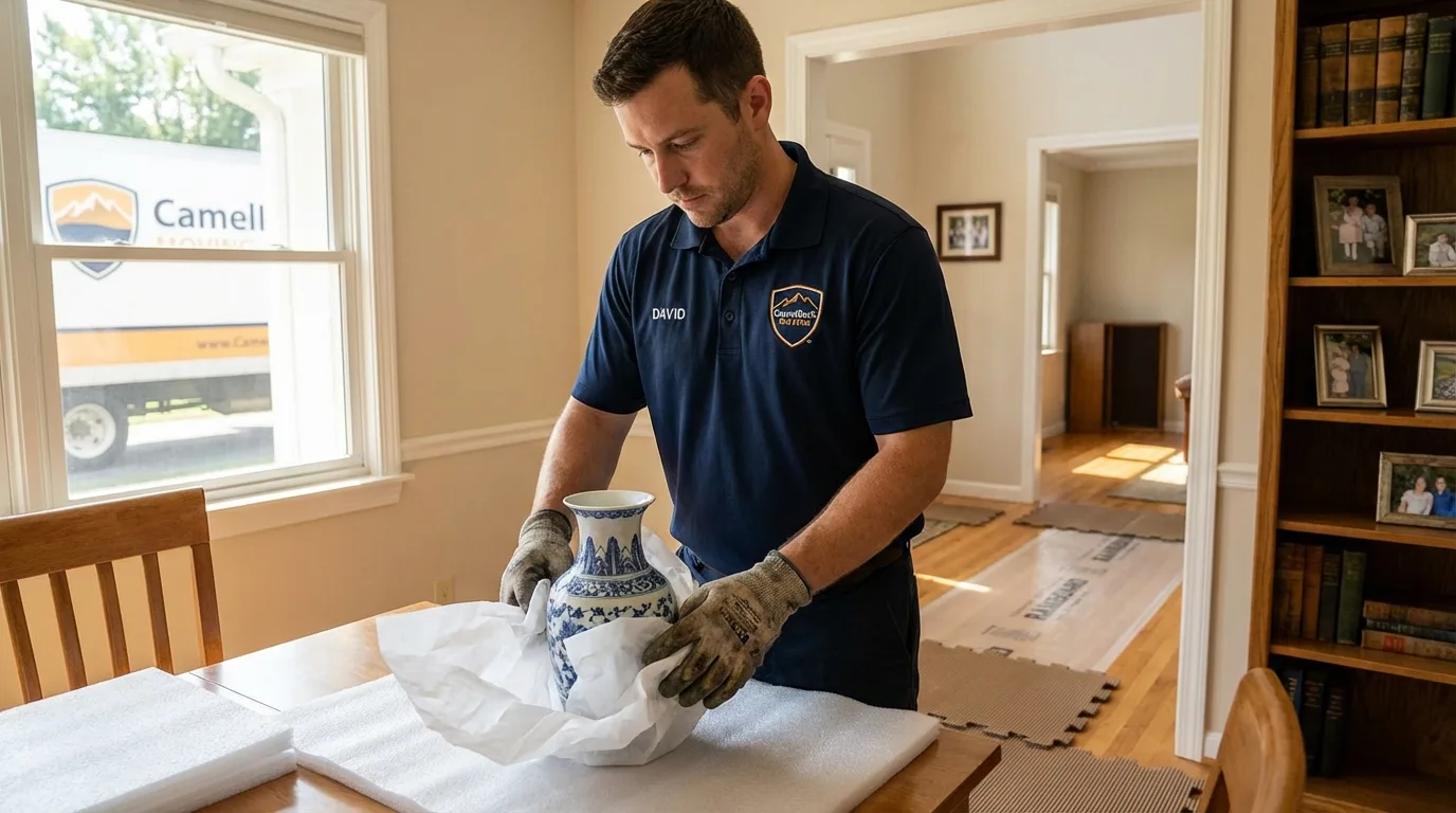 Professional crew carefully wrapping antique vase for senior downsizing move in Zanesville, OH